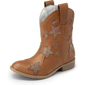 Girls Camel Cowgirl Mid Calf Glitter Western Boots Toddler Star Riding Shoes